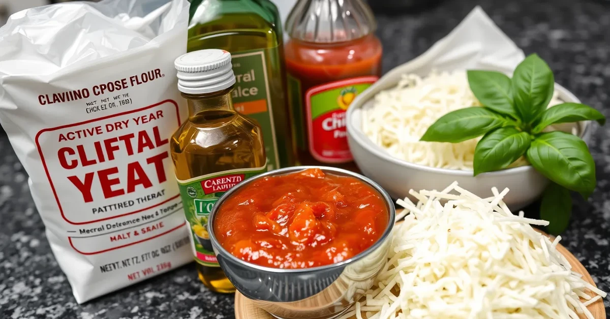 Ingredients for classic pizza including flour, yeast, olive oil, tomato sauce, mozzarella cheese, and basil on a kitchen counter.