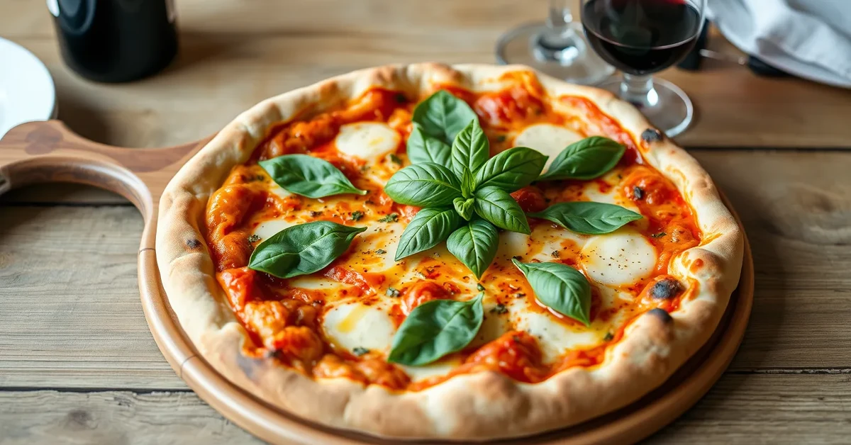 Beautifully presented classic pizza with fresh basil on a rustic wooden table alongside a glass of red wine.