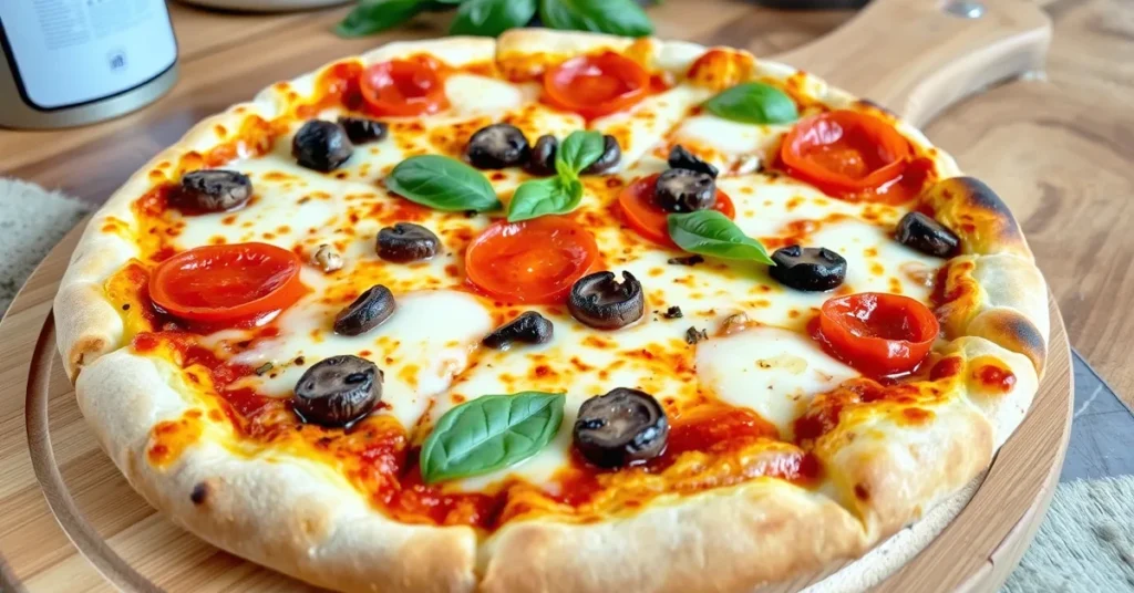 Freshly baked classic pizza with mozzarella cheese and colorful toppings on a wooden board.