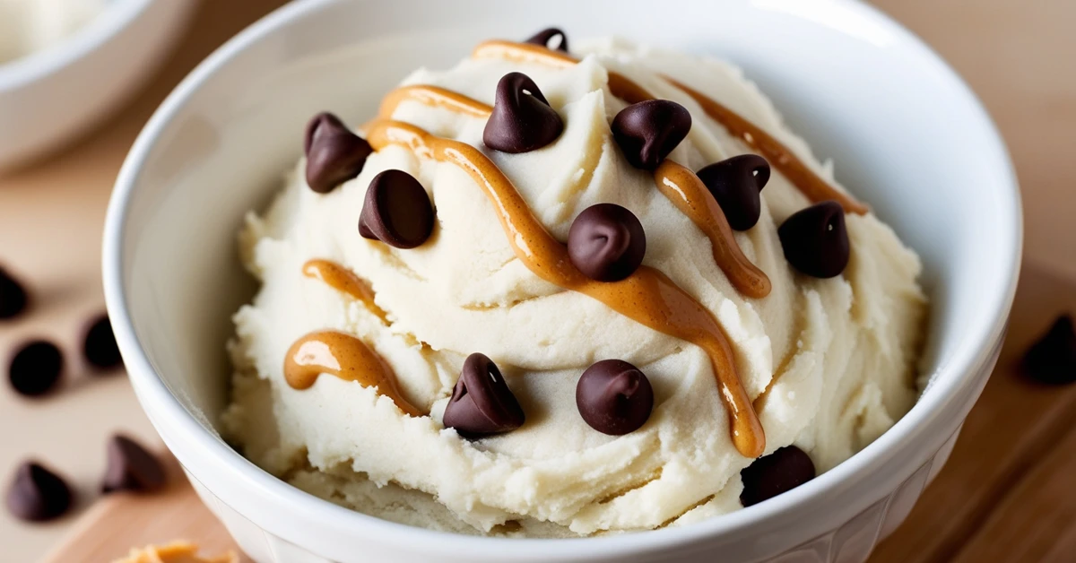 Cottage Cheese Cookie Dough with chocolate chips and almond butter drizzle, served in a white bowl.