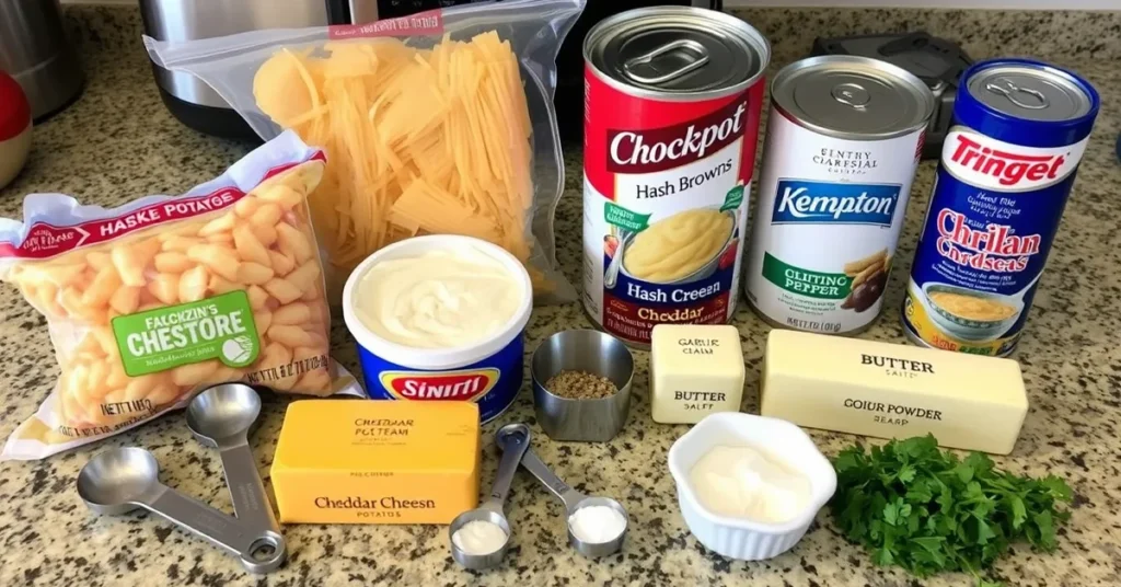 Ingredients for Crockpot Cheesy Potatoes recipe, including hash browns, cheese, sour cream, butter, and seasonings