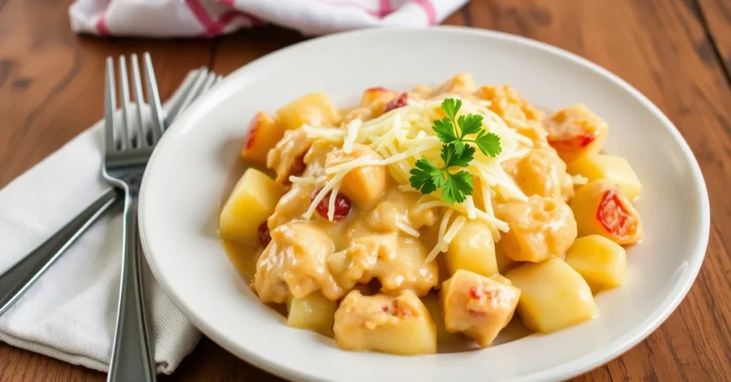 A delicious and creamy Crockpot Cheesy Potatoes recipe, with golden melted cheese and a hint of parsley.