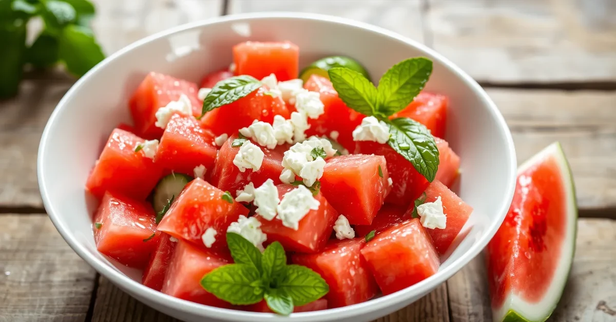 A refreshing bowl of Cucumber Watermelon Salad with cubed watermelon, sliced cucumber, crumbled feta, and fresh mint, served on a rustic table.