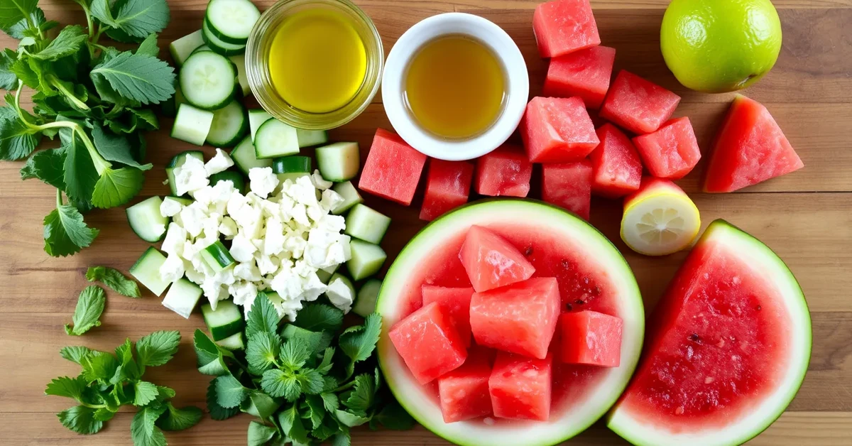 Ingredients for Cucumber Watermelon Salad including watermelon cubes, sliced cucumber, feta, fresh mint, olive oil, and lime on a wooden surface.