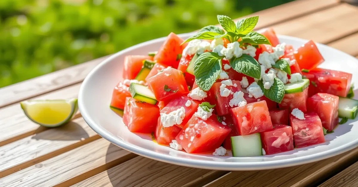 Cucumber Watermelon Salad garnished with feta, mint, and lime, served outdoors on a white plate for a refreshing summer presentation.