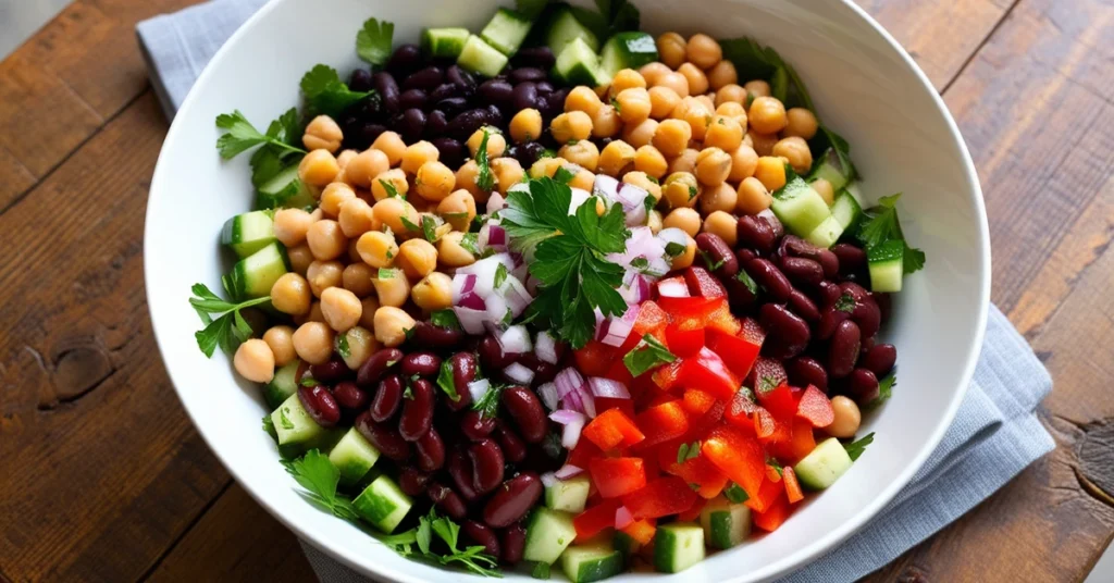 A colorful dense bean salad in a white bowl, showcasing a variety of beans and fresh vegetables, garnished with parsley.