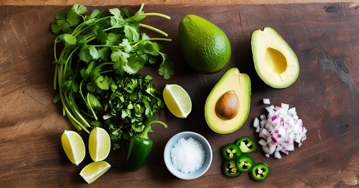 Fresh ingredients for homemade guacamole: avocados, lime, cilantro, onion, jalapeño, and salt on a wooden countertop.