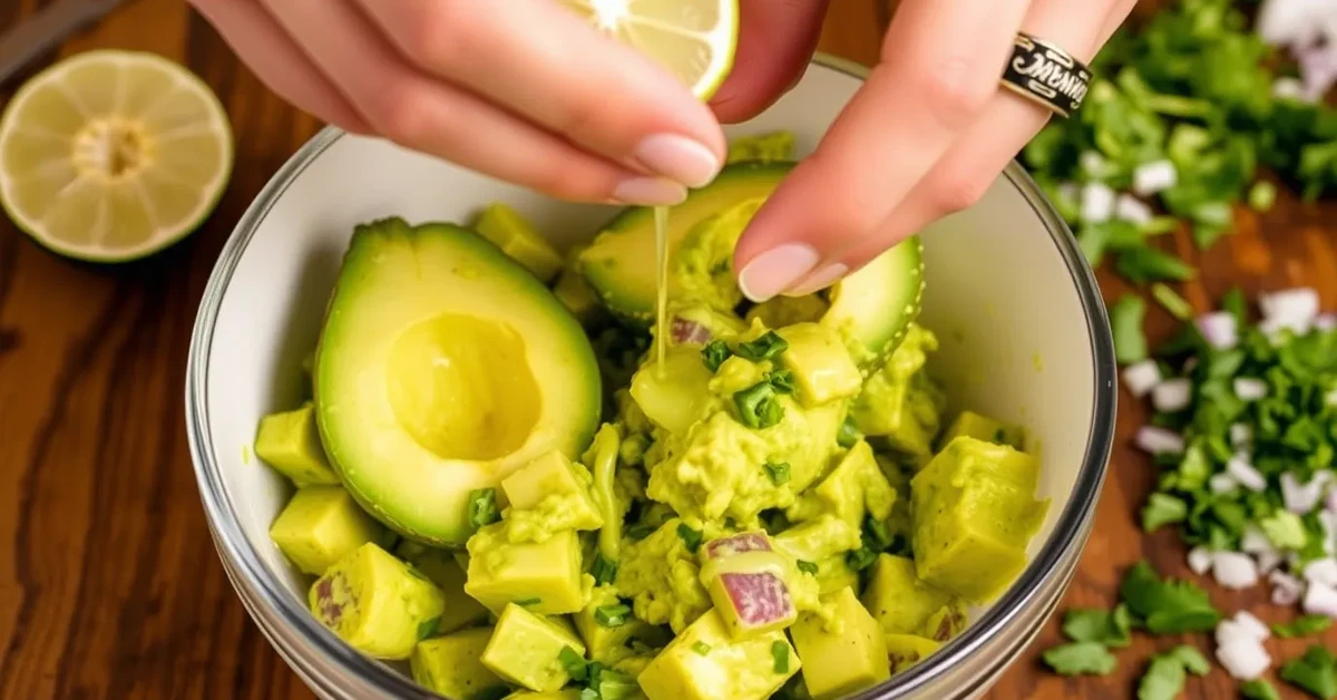 Hands mashing avocados in a bowl for homemade guacamole, with lime juice and chopped ingredients in the background.