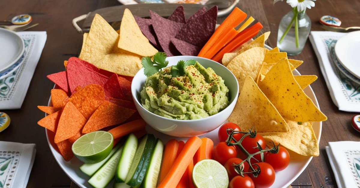 A stylish platter featuring homemade guacamole, colorful tortilla chips, and fresh vegetables, ideal for serving at a gathering.