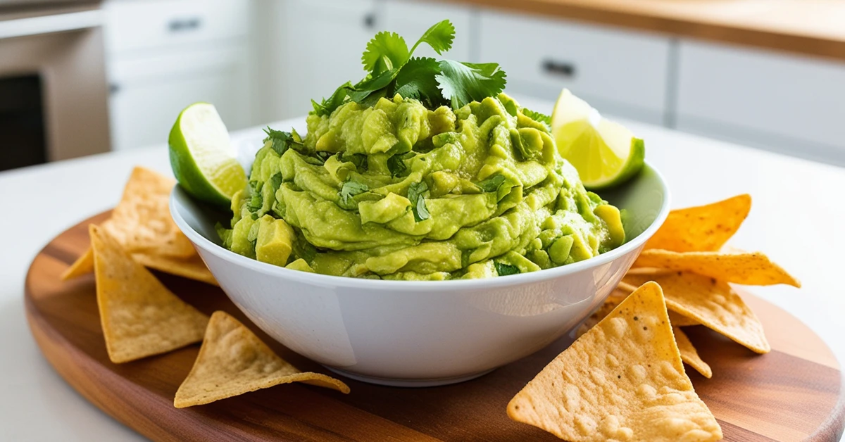 A colorful bowl of homemade guacamole garnished with cilantro and lime wedges, served with tortilla chips.