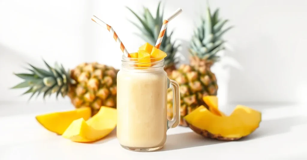 Mango pineapple smoothie without milk in a clear glass jar, garnished with fresh mango and pineapple slices.