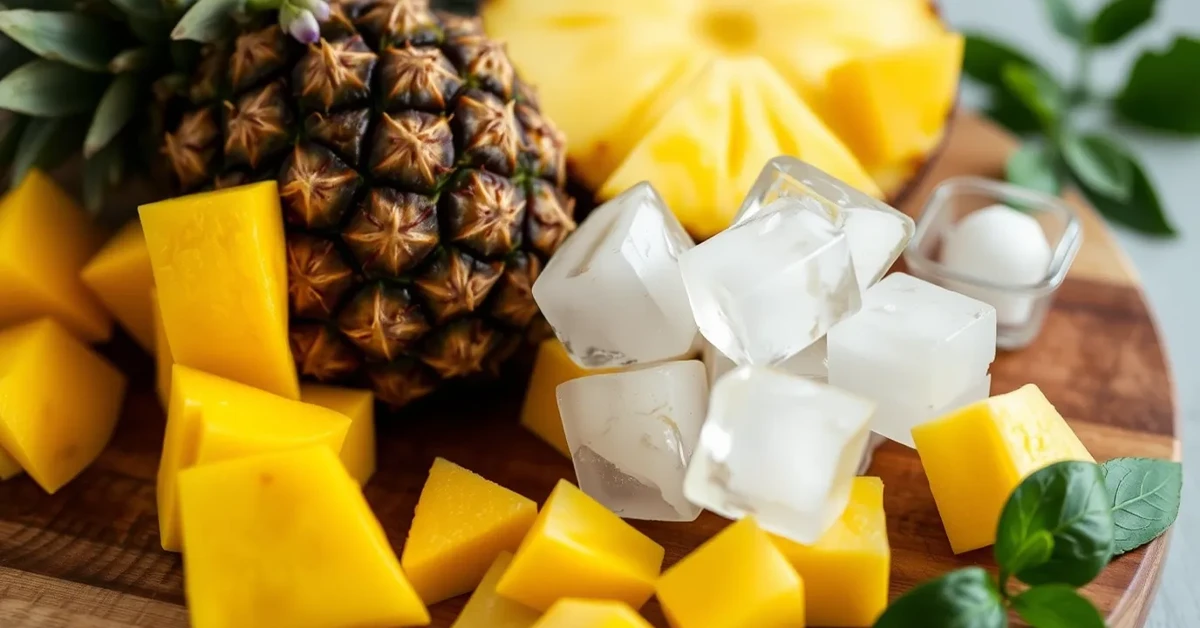 Ingredients for mango pineapple smoothie without milk, showing fresh mango cubes, pineapple chunks, and ice.