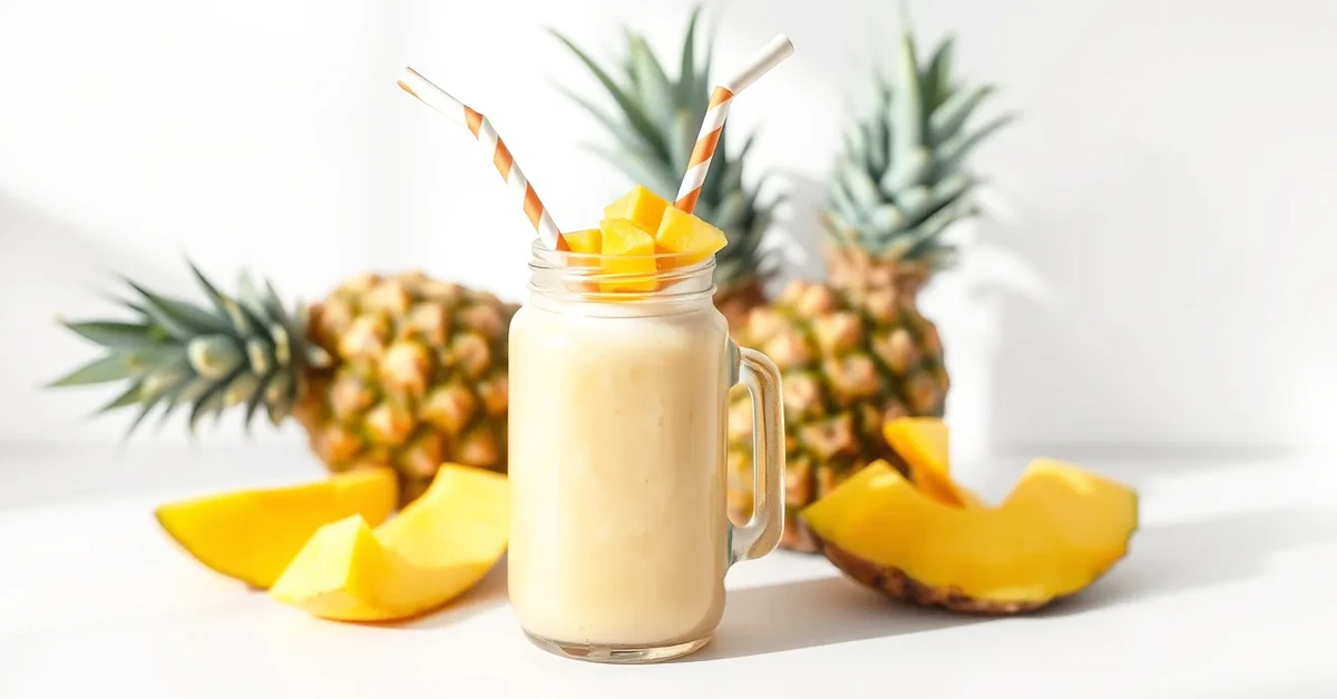 Mango pineapple smoothie without milk in a clear glass jar, garnished with fresh mango and pineapple slices.