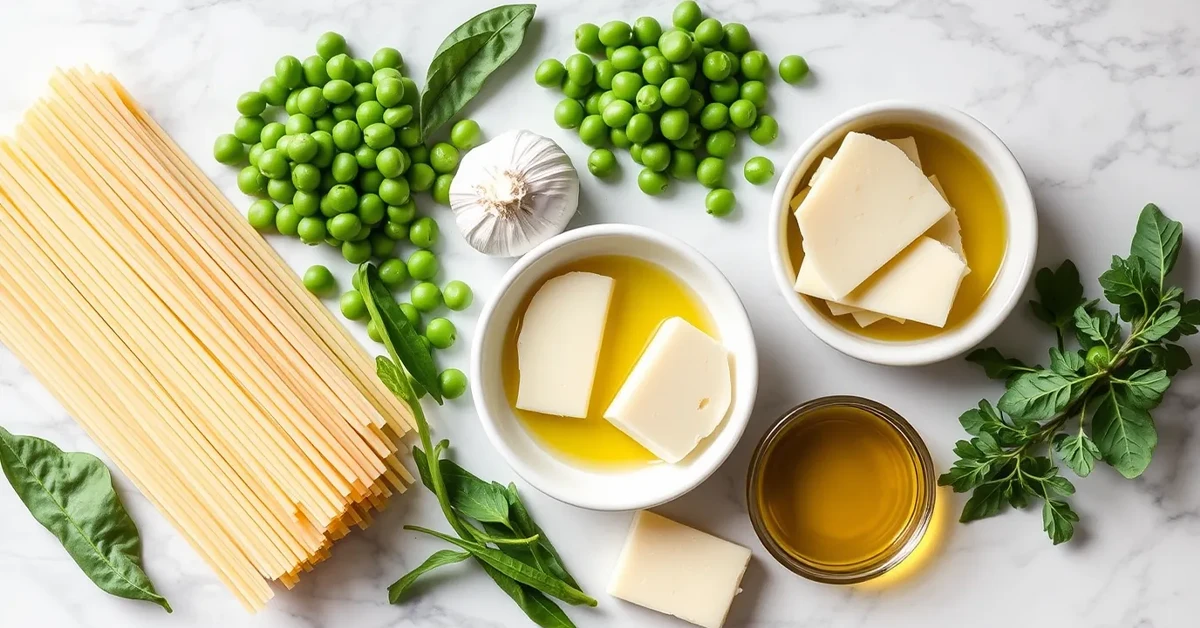 Ingredients for Pasta with Peas, including uncooked pasta, fresh peas, garlic, olive oil, and Parmesan cheese, arranged on a marble countertop.