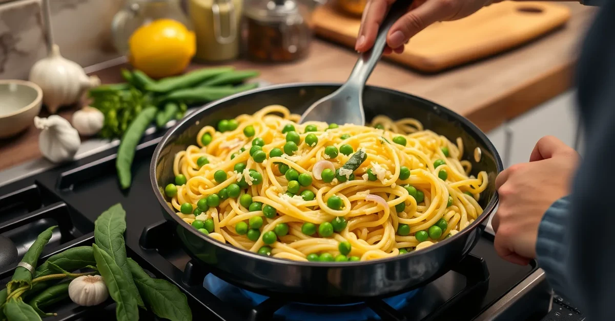 A person preparing Pasta with Peas in a skillet, mixing cooked pasta with peas and garlic in a cozy kitchen.