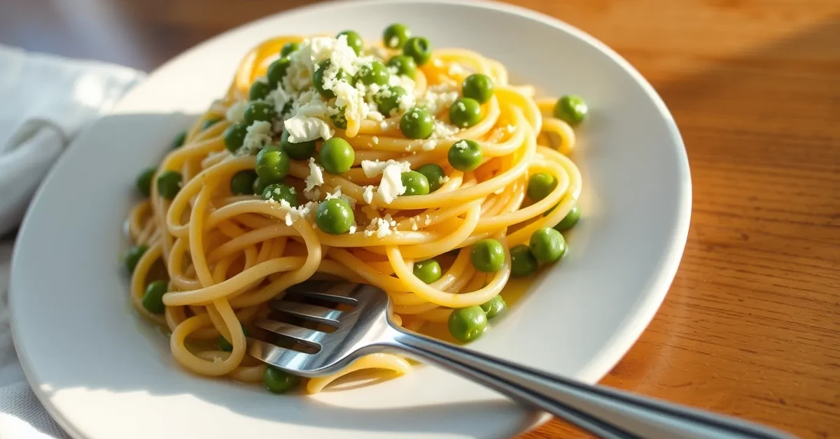 A close-up of a plated serving of Pasta with Peas, garnished with Parmesan cheese and olive oil, on a wooden table.