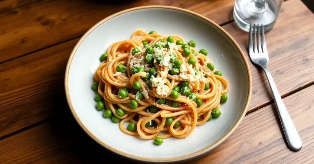 A bowl of Pasta with Peas, garnished with grated Parmesan cheese, presented on a rustic wooden table.