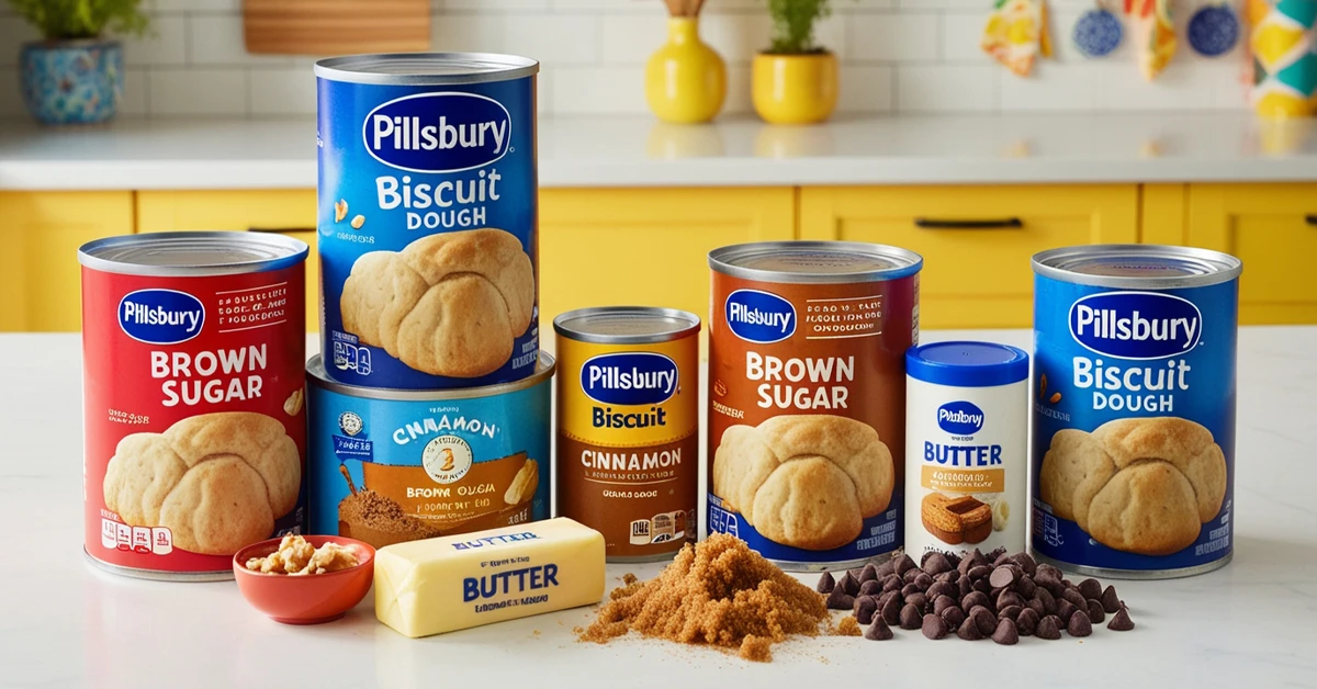 Ingredients for Pillsbury Monkey Bread, including biscuit dough, brown sugar, cinnamon, and butter, arranged on a kitchen counter.