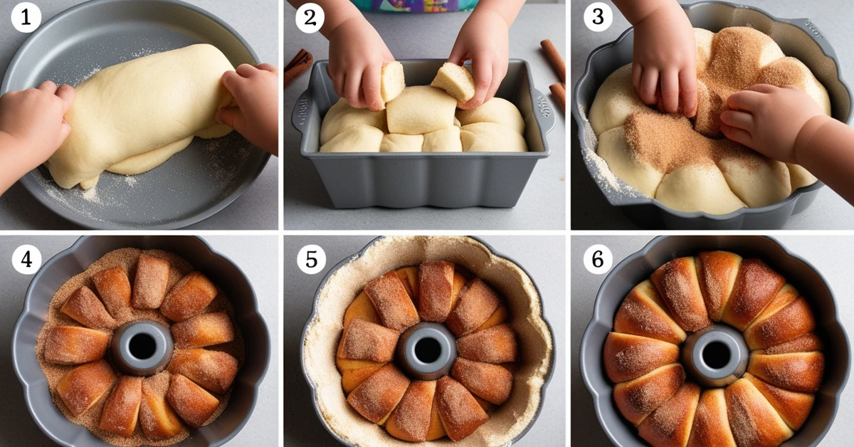 The process of preparing Pillsbury Monkey Bread, showing dough pieces being rolled in cinnamon sugar and placed in a bundt pan.