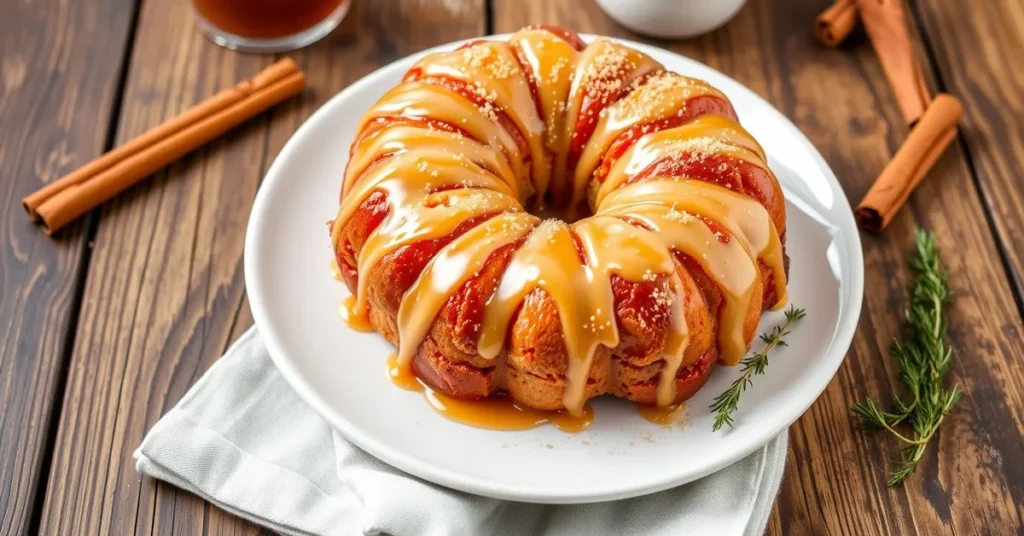 A deliciously plated Pillsbury Monkey Bread with caramel glaze and cinnamon sugar, served on a rustic wooden table.