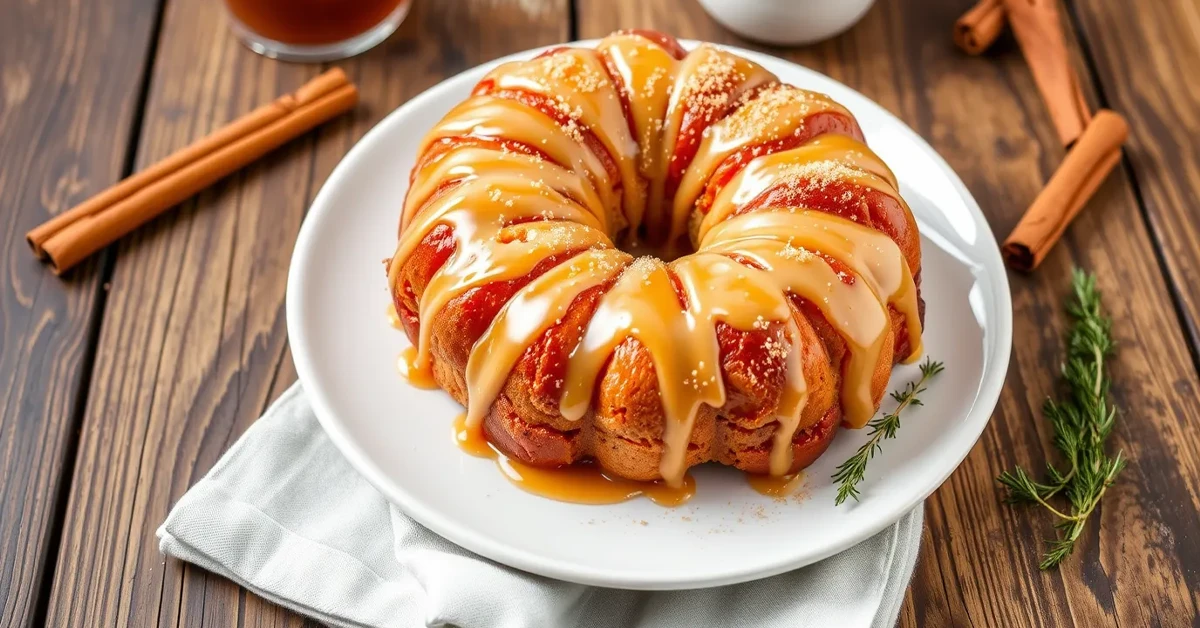 A deliciously plated Pillsbury Monkey Bread with caramel glaze and cinnamon sugar, served on a rustic wooden table.