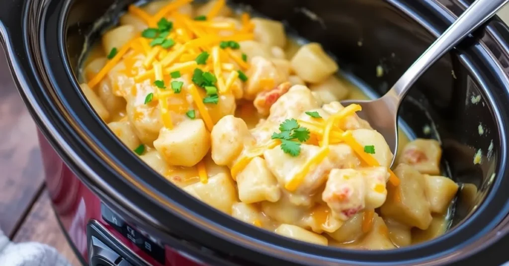 Step-by-step preparation of Crockpot Cheesy Potatoes, with ingredients being mixed inside the crockpot