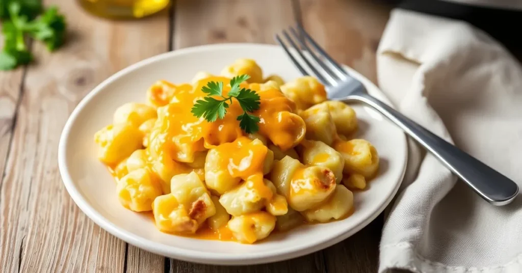 A plated serving of Crockpot Cheesy Potatoes, topped with melted cheese and fresh parsley for a comforting meal.