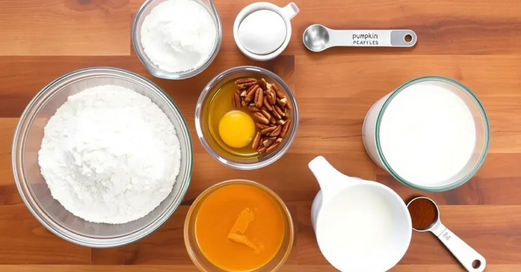 Ingredients for Pumpkin Pecan Waffles including pumpkin puree, flour, eggs, chopped pecans, spices, and milk, arranged on a wooden countertop.