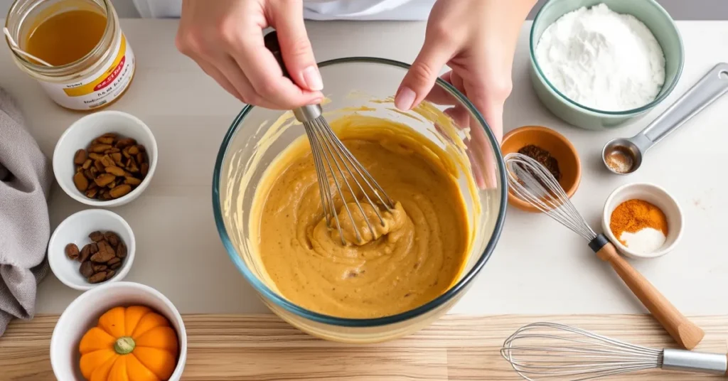 A chef mixing batter for Pumpkin Pecan Waffles in a bowl, with ingredients and tools visible in a cozy kitchen setting.