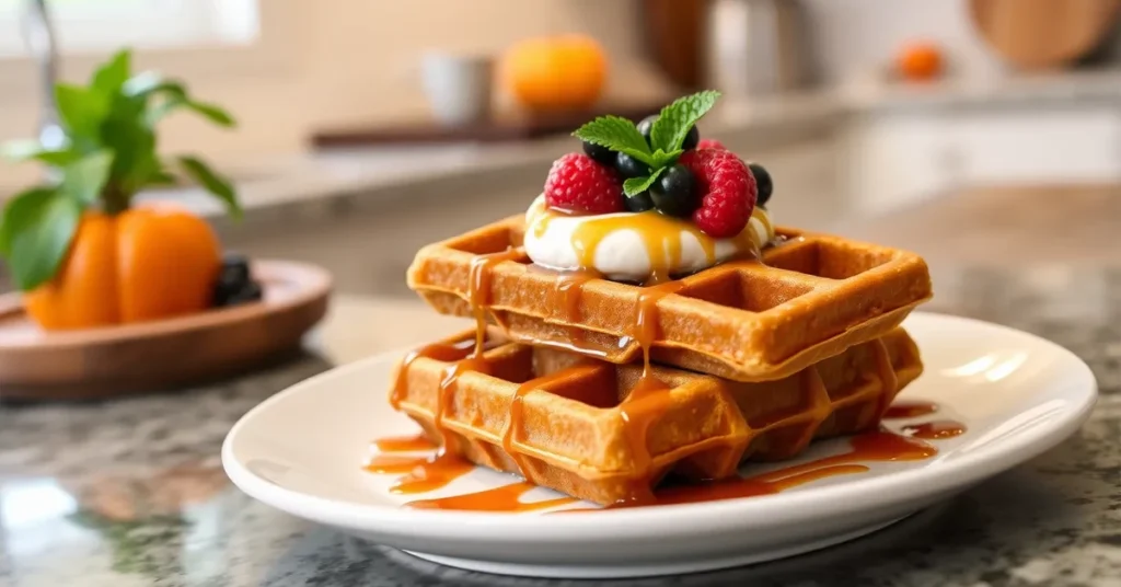 A plated serving of Pumpkin Pecan Waffles drizzled with caramel sauce, garnished with berries and mint, presented elegantly.