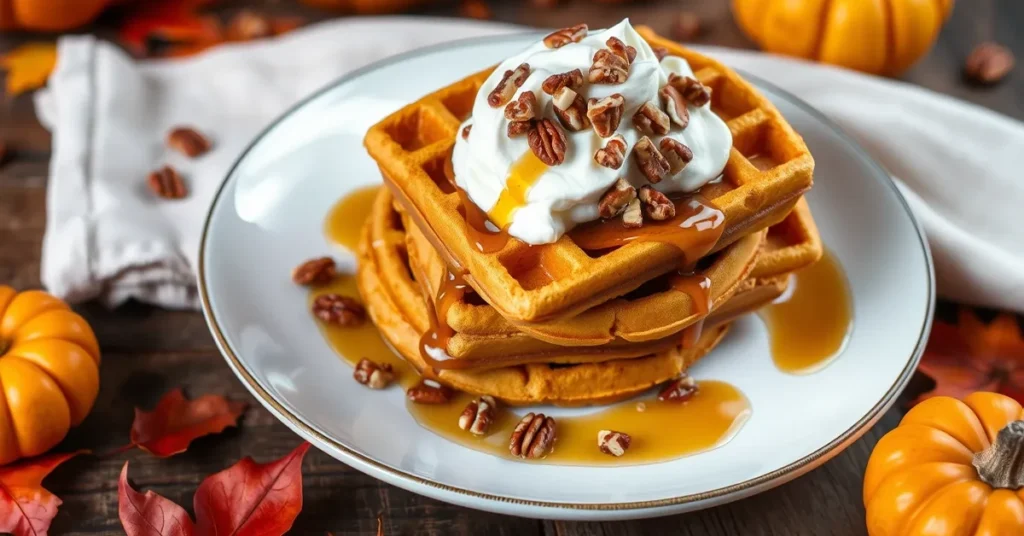 A stack of golden-brown Pumpkin Pecan Waffles topped with whipped cream and maple syrup, garnished with chopped pecans and surrounded by autumn decor.