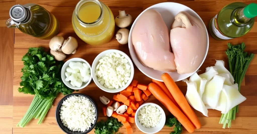 Ingredients for Rice Chicken And Mushroom Soup displayed on a wooden kitchen counter.