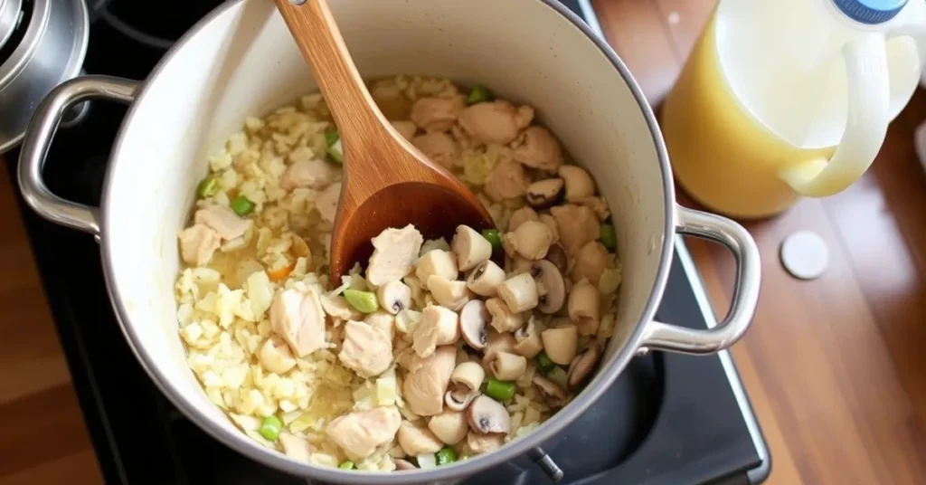 Cooking Rice Chicken And Mushroom Soup in a large pot, sautéing onions, garlic, and chicken.