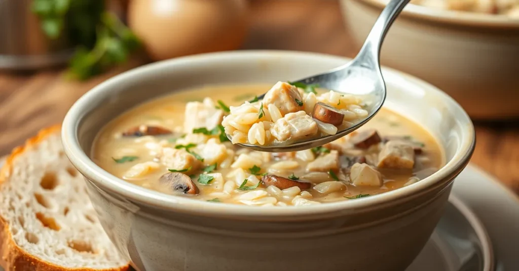 Served bowl of Rice Chicken And Mushroom Soup with a slice of bread on the side, garnished with fresh herbs.