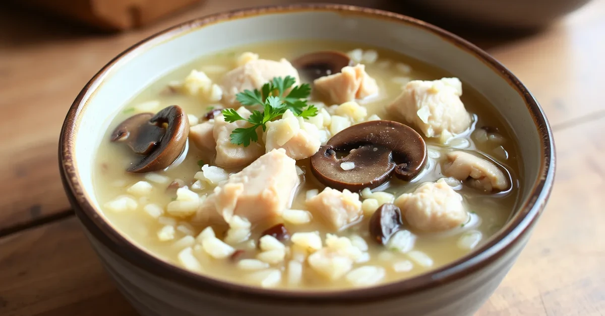 Bowl of Rice Chicken And Mushroom Soup with chicken, rice, and mushrooms, garnished with fresh parsley.