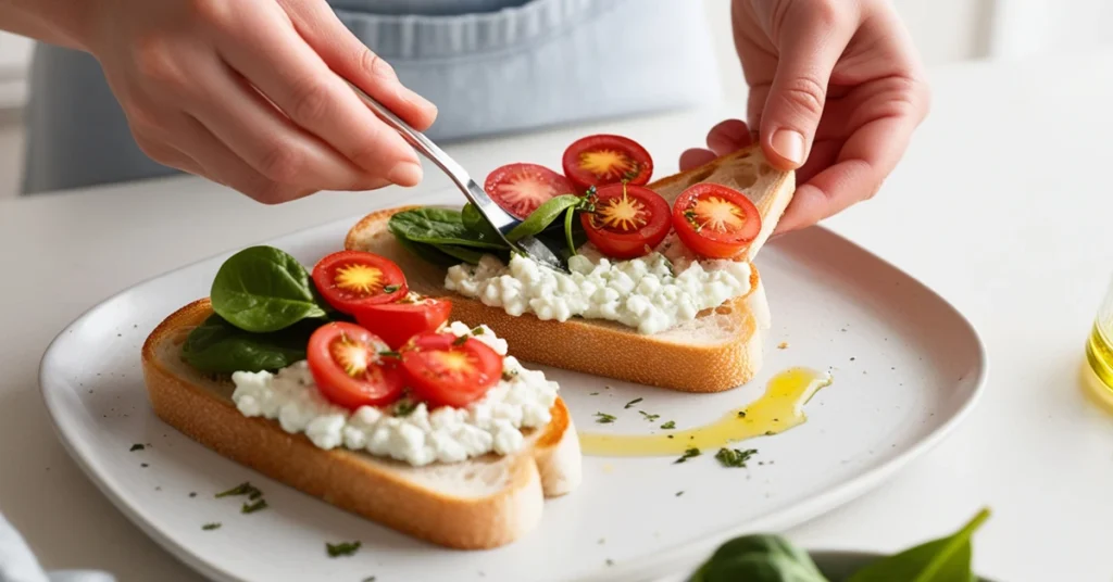 Preparing Savory Cottage Cheese Toast, spreading cottage cheese on toast with cherry tomatoes and spinach.