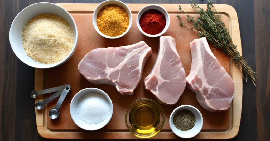 Ingredients for Shake and Bake Pork Chops including pork chops, breadcrumbs, garlic powder, and thyme.