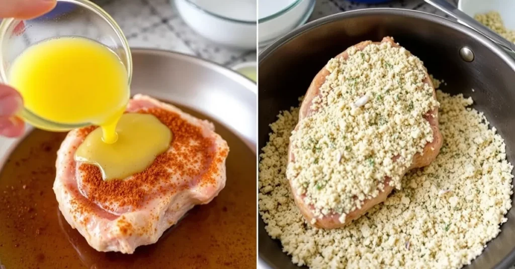 Preparing Shake and Bake Pork Chops by coating pork chops in breadcrumb mixture.