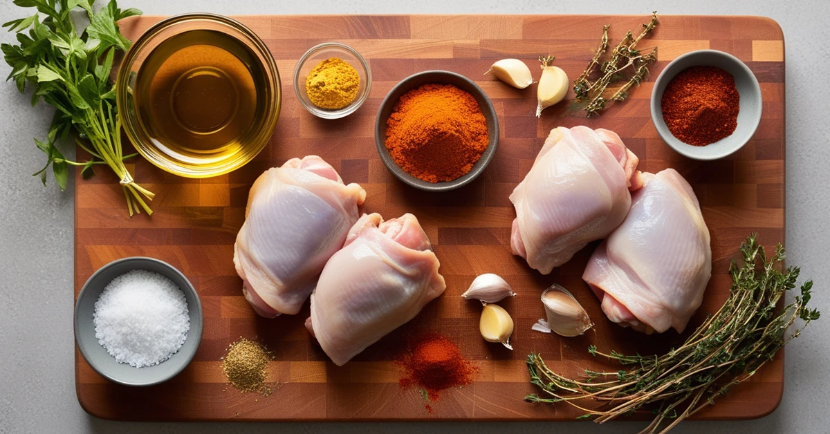 Ingredients for smoked chicken thighs, including chicken thighs, spices, and herbs, arranged on a wooden cutting board.