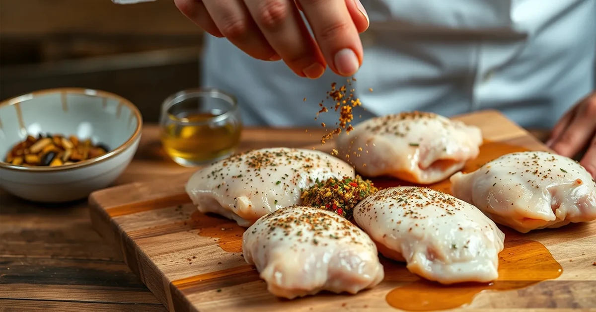 A chef seasoning chicken thighs with spices on a wooden cutting board, highlighting the preparation process for smoked chicken thighs.