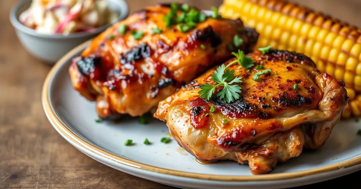 Plated smoked chicken thighs garnished with herbs, served with coleslaw and corn, highlighting the final presentation.