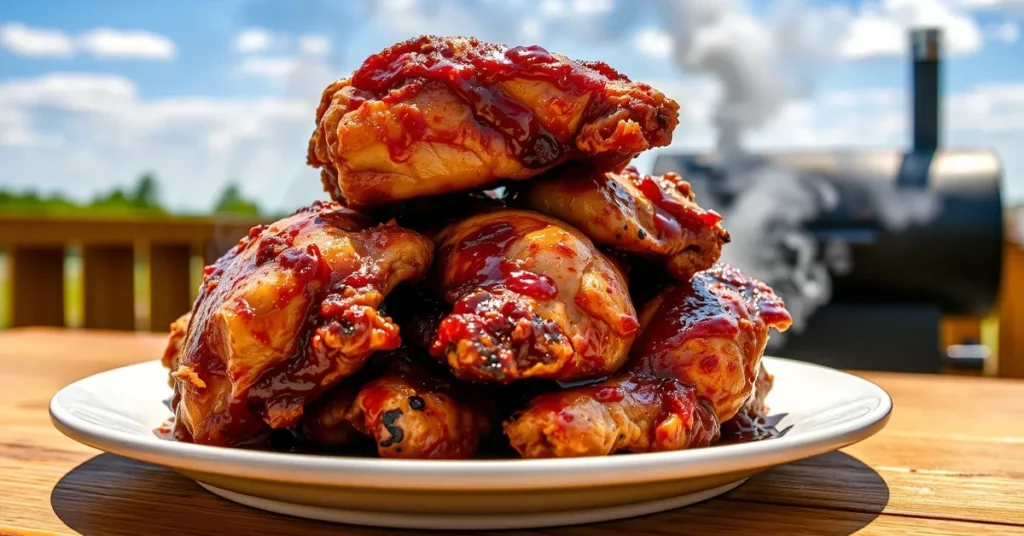 Delicious smoked chicken thighs served with coleslaw and corn on the cob, arranged on a rustic wooden table.