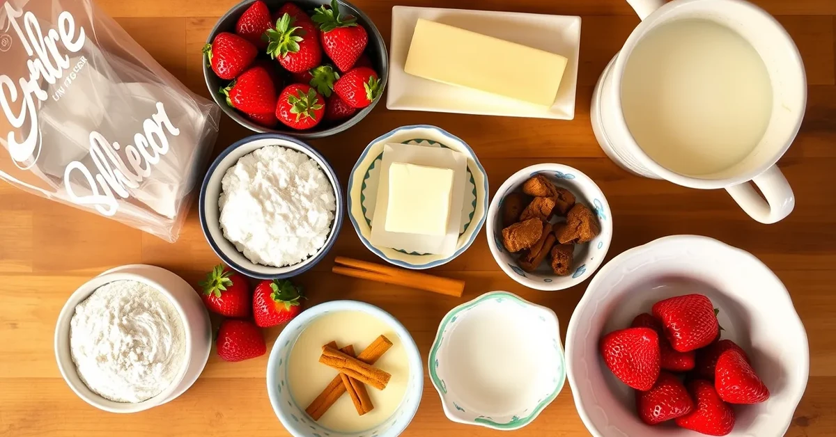 Ingredients for strawberry cinnamon rolls including flour, sugar, butter, fresh strawberries, and cinnamon on a kitchen counter.