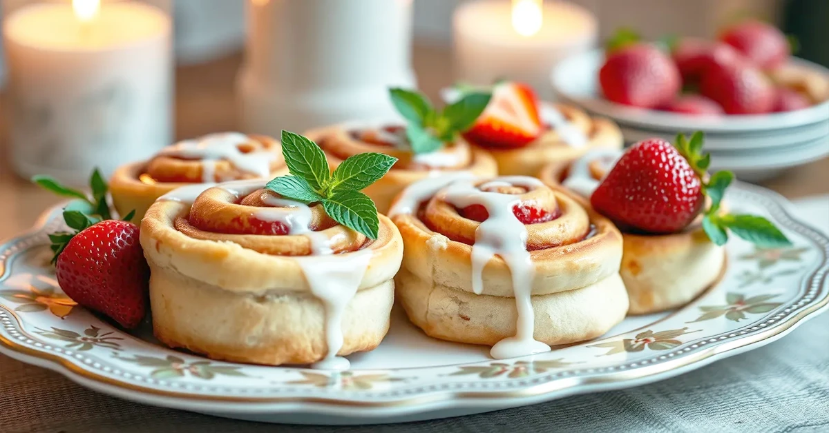 Stylishly presented strawberry cinnamon rolls on a platter, garnished with mint and strawberries.