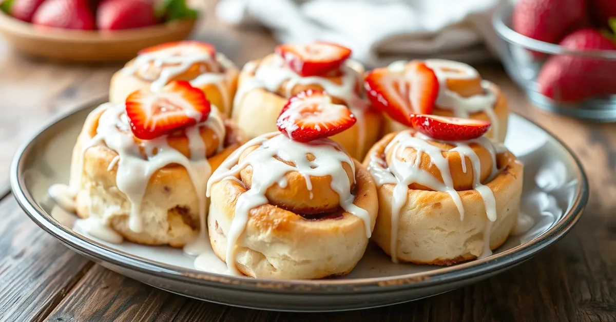 Freshly baked strawberry cinnamon rolls with icing and fresh strawberries on a wooden table.