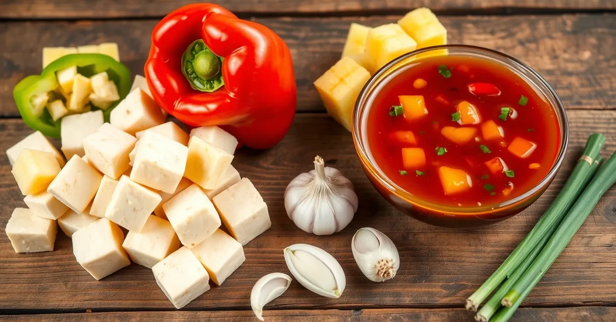 Ingredients for Sweet and Sour Tofu including tofu, bell peppers, pineapple, and sweet and sour sauce.