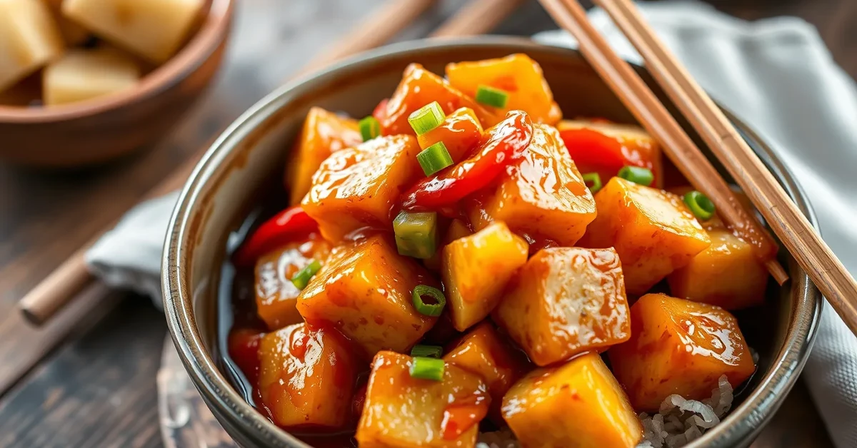 Sweet and Sour Tofu with bell peppers, pineapple, and green onions, captured in natural light.