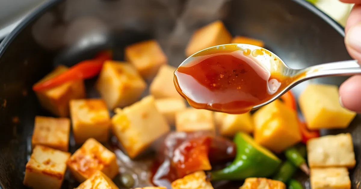 Cooking process of Sweet and Sour Tofu, showing tofu frying with bell peppers and pineapple.