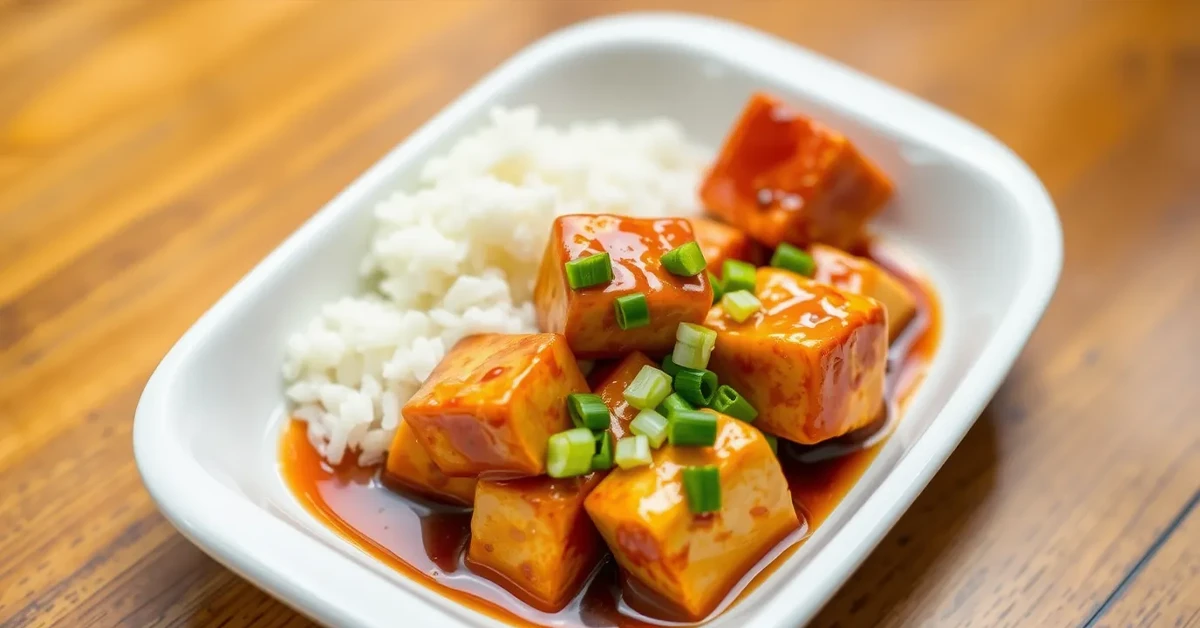 Served Sweet and Sour Tofu in a bowl with rice, garnished with green onions.