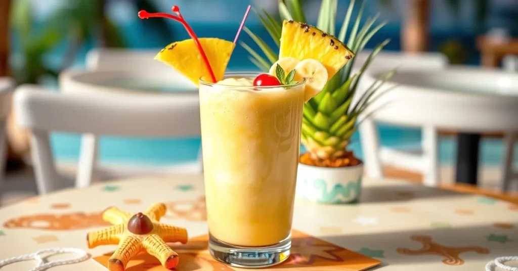 Bahama Mama Tropical Smoothie in a glass with tropical fruit garnish, presented on a wooden table.